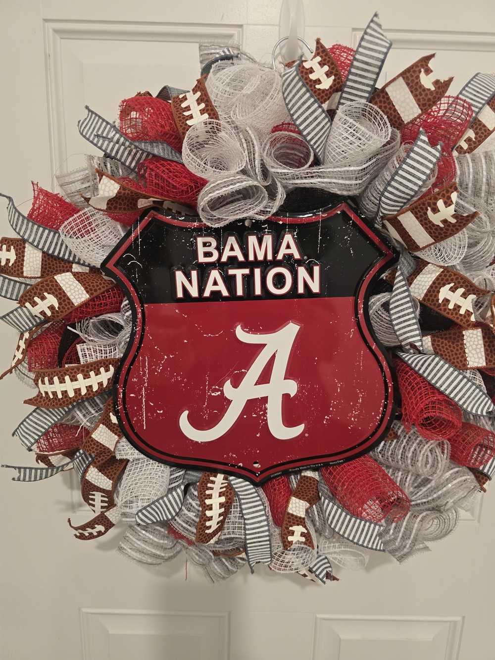 W064 Bama Nation Alabama Crimson & White Football Wreath Handmade Alabama